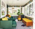 The sunroom with leafy green and golden rod colors accentuate its proximity to the lush garden. Monkeys happily populate the Savuti wallpaper; and the comfy Bernhardt chairs and Anthropology bench are in outdoor fabrics. The Rimini floor lamp illuminates via motion sensitive lighting. The sunroom with leafy green and golden rod colors accentuate its proximity to the lush garden. Monkeys happily populate the Savuti wallpaper; and the comfy Bernhardt chairs and Anthropology bench are in outdoor fabrics. The Rimini floor lamp illuminates via motion sensitive lighting.