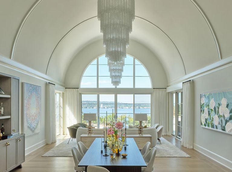 Schultz Miller’s down-to-the-studs restoration of the dramatic barrel-vaulted ceiling’s construction included replacing multiple pieces of rib-like trim with a trio of elegant ones that highlight its curve. Penthouse Drapery’s stationary side panels frame the stunning windows. Schultz Miller’s down-to-the-studs restoration of the dramatic barrel-vaulted ceiling’s construction included replacing multiple pieces of rib-like trim with a trio of elegant ones that highlight its curve. Penthouse Drapery’s stationary side panels frame the stunning windows.