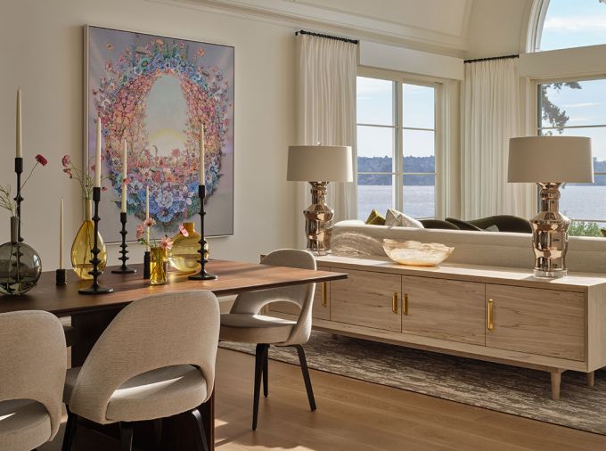 Marinello creates warmth, openness and sophisticated style in the décor by honoring the historical precedent found in classic furnishings by Gio Ponti and Saarinen and tying them to the homeowner’s collection of art, Sage Vaughan’s “Goners”. To help delineate the space, a custom credenza from Gauge Design Group was selected for added storage. Marinello creates warmth, openness and sophisticated style in the décor by honoring the historical precedent found in classic furnishings by Gio Ponti and Saarinen and tying them to the homeowner’s collection of art, Sage Vaughan’s “Goners”. To help delineate the space, a custom credenza from Gauge Design Group was selected for added storage.